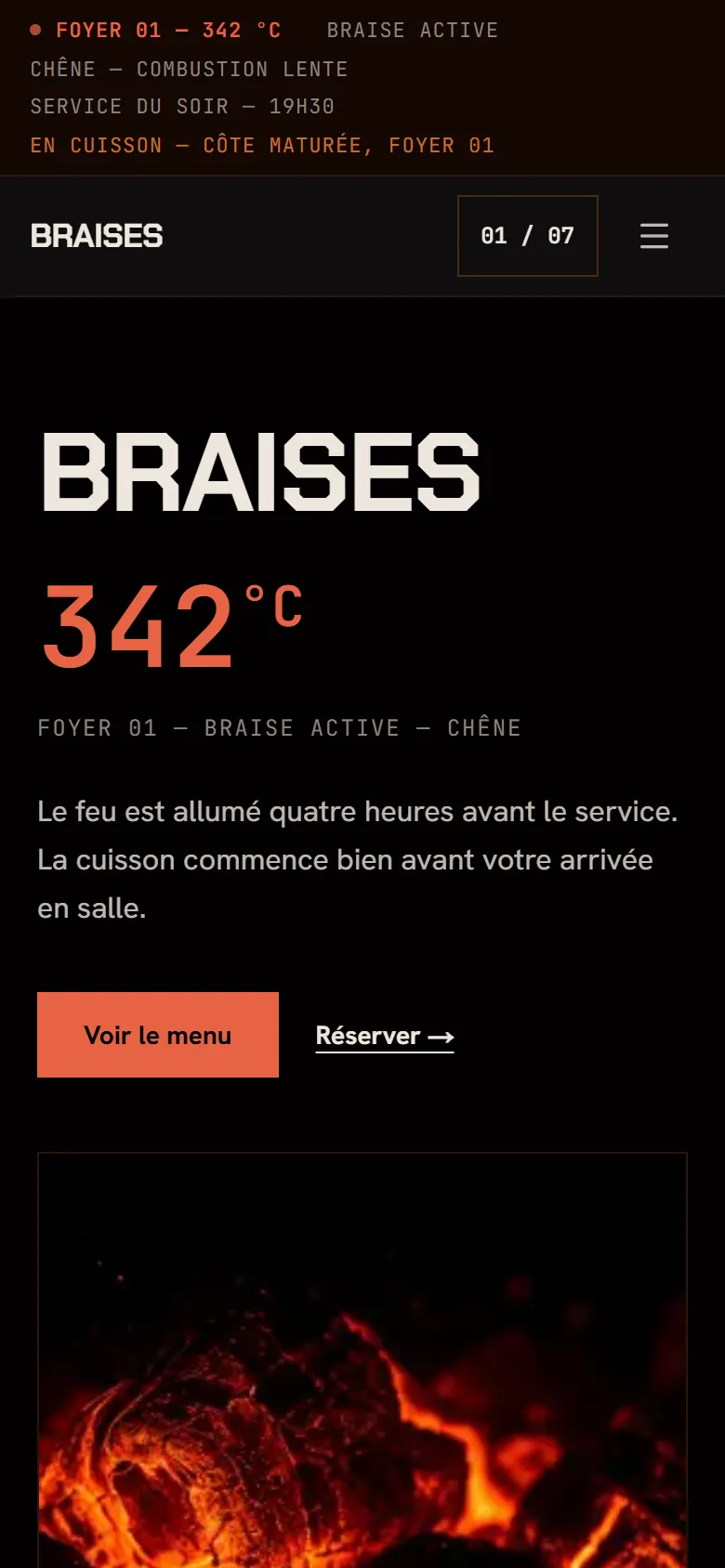 Page d'accueil de Braises sur mobile : titre, température, texte et boutons empilés, photographie en dessous