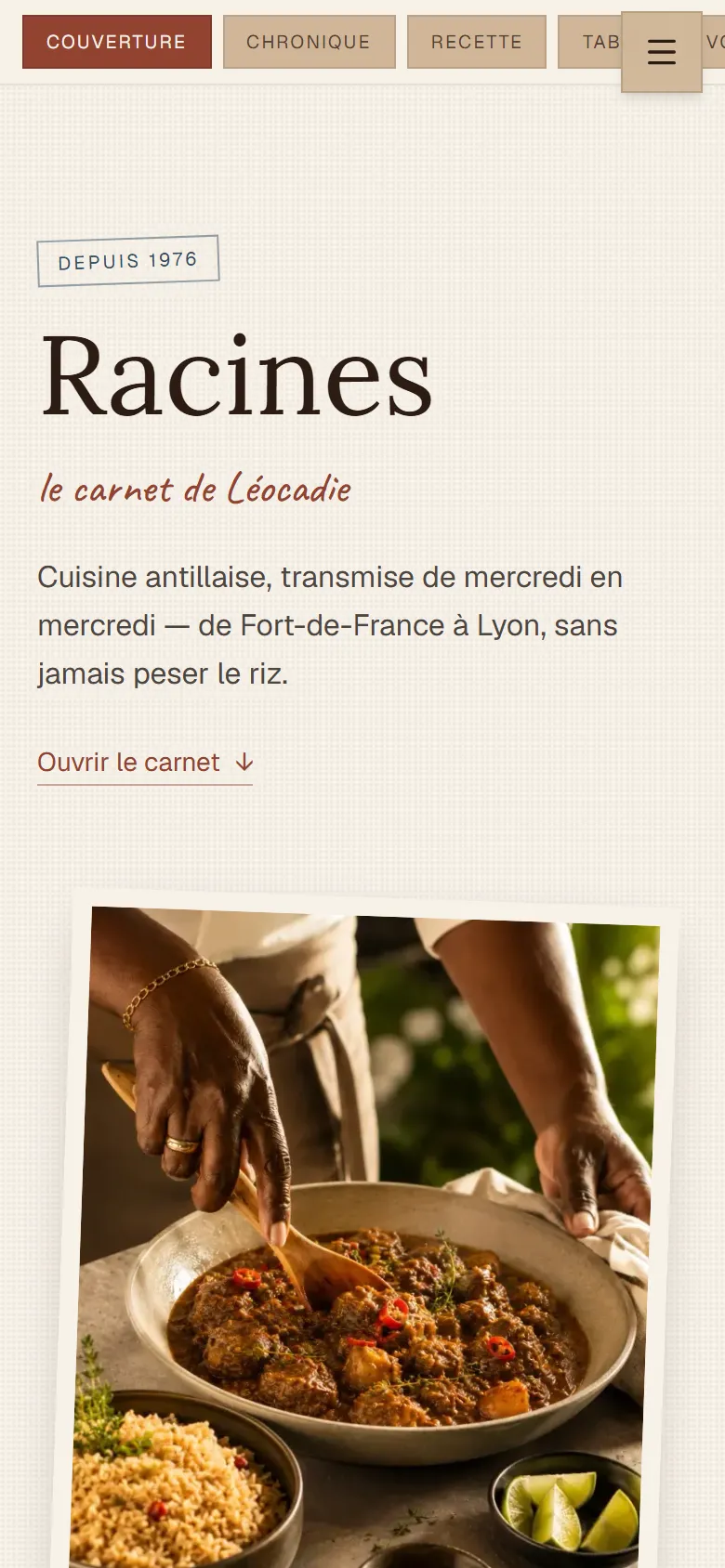 Page d'accueil du concept Racines sur mobile