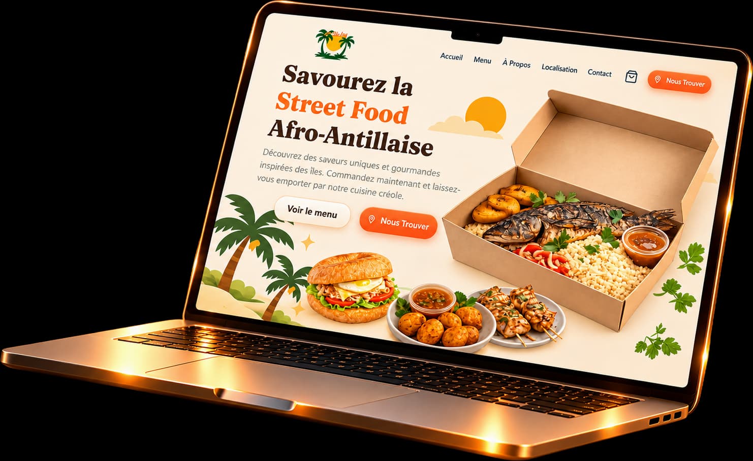 Site Olitchi affiché sur un ordinateur portable : street food afro-antillaise
